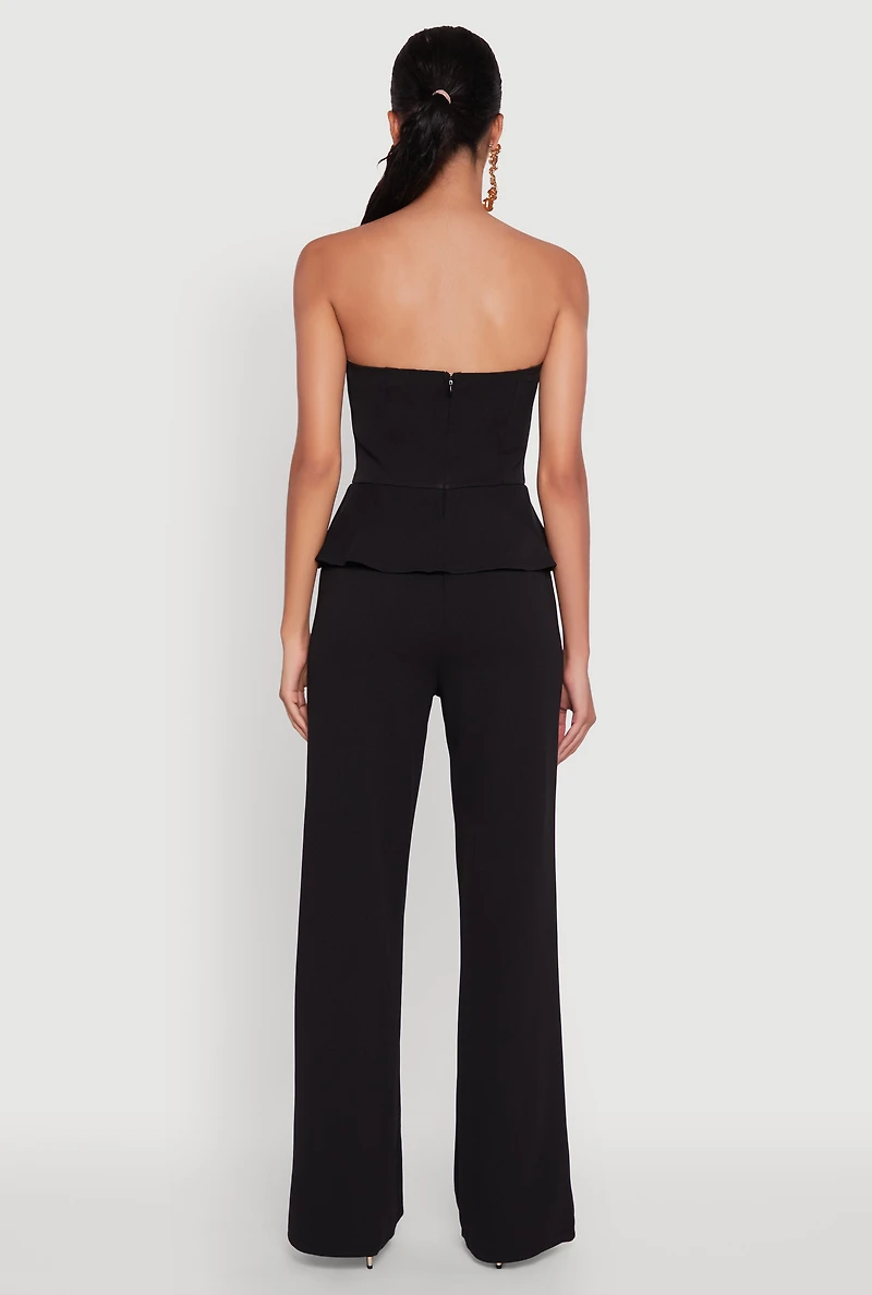 Womens Metallic Button Faux Pocket Peplum Detail Wide Leg Jumpsuit,