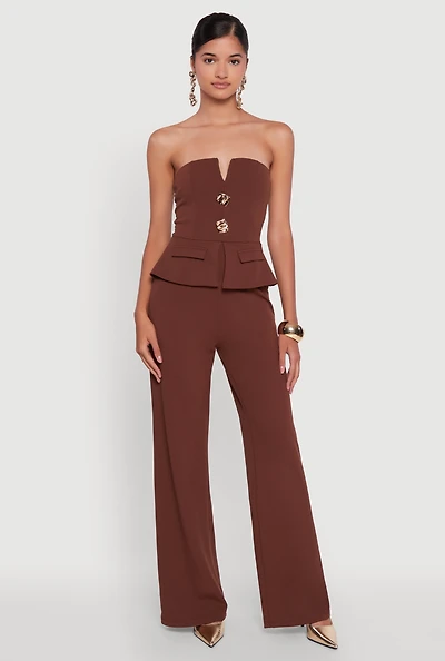 Womens Metallic Button Faux Pocket Peplum Detail Wide Leg Jumpsuit, Brown, Size XL