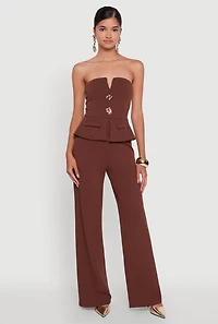 Womens Metallic Button Faux Pocket Peplum Detail Wide Leg Jumpsuit, Brown, Size L