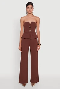 Womens Metallic Button Faux Pocket Peplum Detail Wide Leg Jumpsuit, Brown, Size L