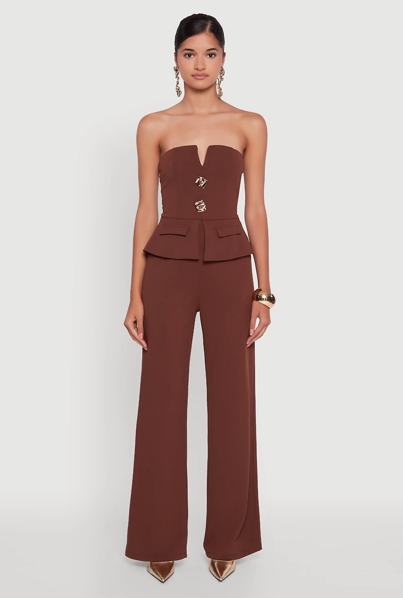 Womens Metallic Button Faux Pocket Peplum Detail Wide Leg Jumpsuit, Brown, Size M