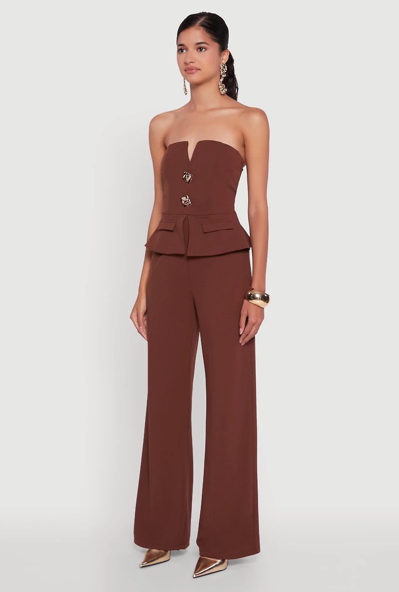Womens Metallic Button Faux Pocket Peplum Detail Wide Leg Jumpsuit, Brown, Size L