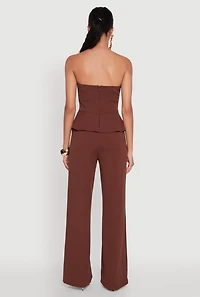 Womens Metallic Button Faux Pocket Peplum Detail Wide Leg Jumpsuit, Brown, Size L