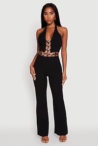 Womens Metallic Detail Plunge Tie Back Halter Jumpsuit, S