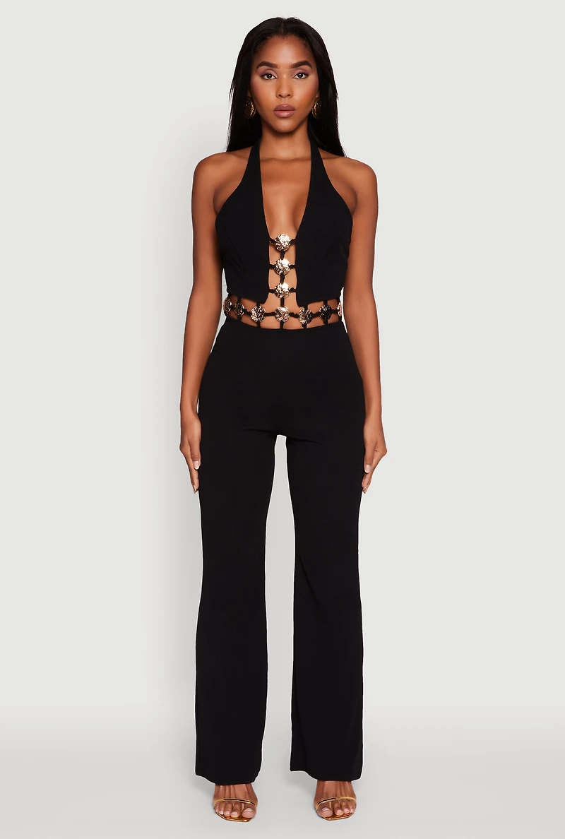 Womens Metallic Detail Plunge Tie Back Halter Jumpsuit, S