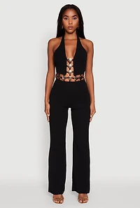 Womens Metallic Detail Plunge Tie Back Halter Jumpsuit, S