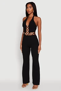 Womens Metallic Detail Plunge Tie Back Halter Jumpsuit,