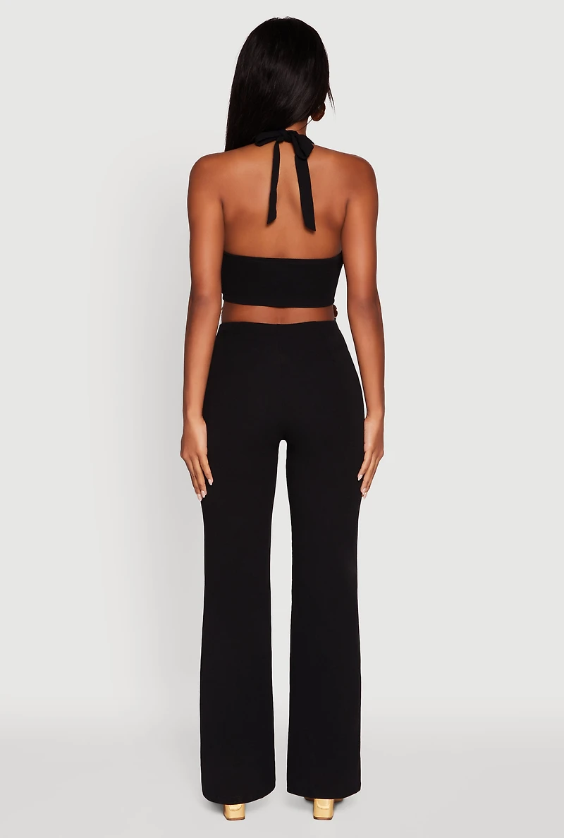 Womens Metallic Detail Plunge Tie Back Halter Jumpsuit, S