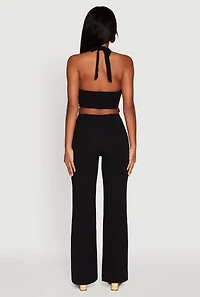 Womens Metallic Detail Plunge Tie Back Halter Jumpsuit, S