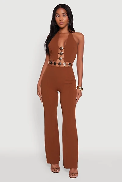 Womens Metallic Detail Plunge Tie Back Halter Jumpsuit, Brown, Size S
