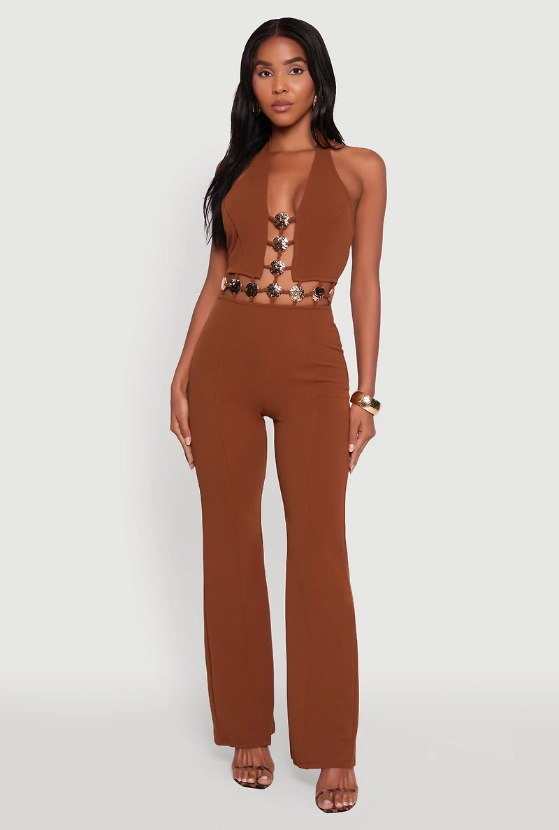 Metallic Detail Plunge Tie Back Halter Jumpsuit