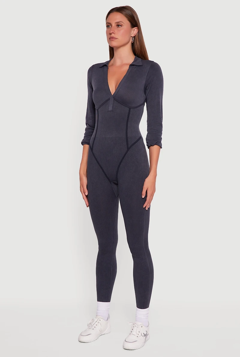 Acid Wash Ribbed Knit Jumpsuit