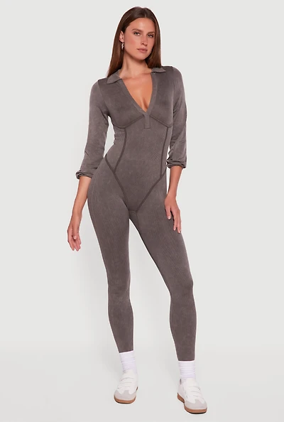 Womens Acid Wash Ribbed Knit Jumpsuit, Brown,