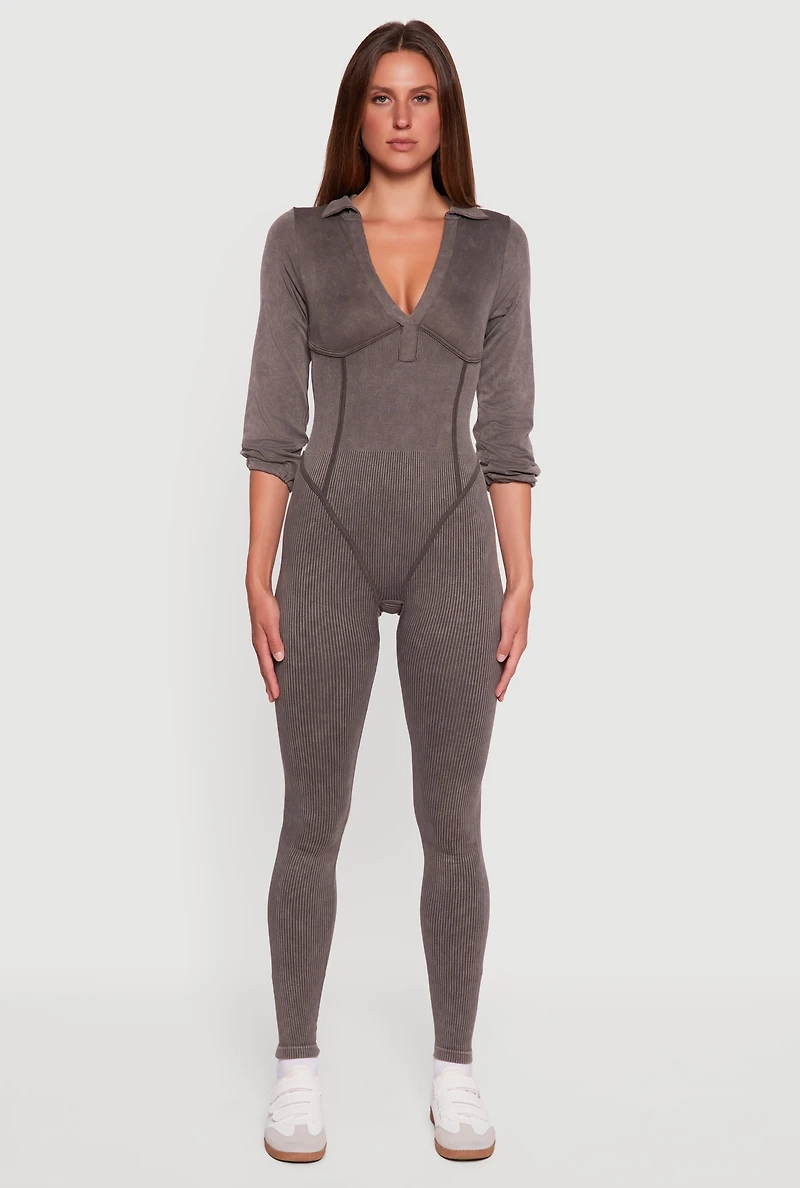 Womens Acid Wash Ribbed Knit Jumpsuit, Brown,