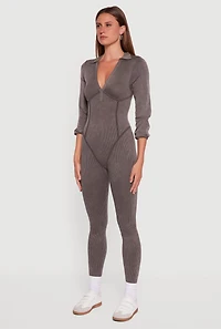 Womens Acid Wash Ribbed Knit Jumpsuit, Brown,