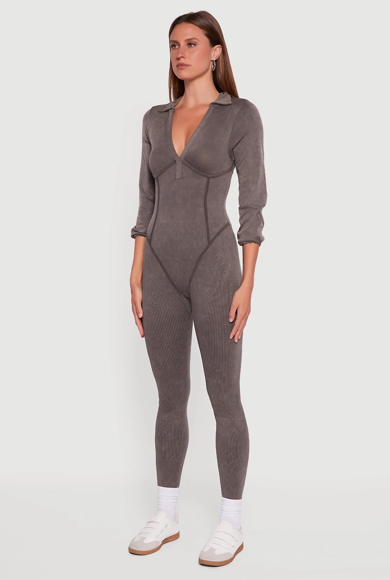 Womens Acid Wash Ribbed Knit Jumpsuit, Brown, Size S-M