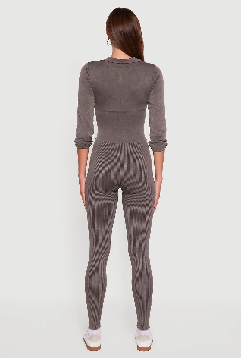 Womens Acid Wash Ribbed Knit Jumpsuit, Brown,