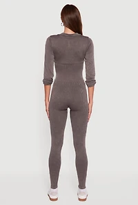 Womens Acid Wash Ribbed Knit Jumpsuit, Brown,