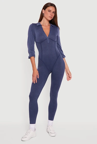 Womens Acid Wash Ribbed Knit Jumpsuit,
