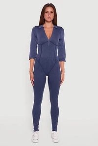 Womens Acid Wash Ribbed Knit Jumpsuit, M-L