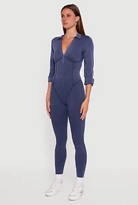 Womens Acid Wash Ribbed Knit Jumpsuit, M-L