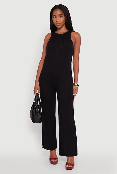 Womens Button Back Keyhole Ribbed Knit Jumpsuit, Black, Size XL