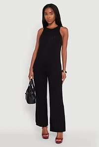 Womens Button Back Keyhole Ribbed Knit Jumpsuit, Black, Size XL