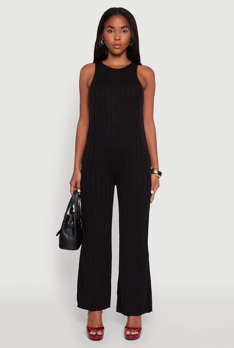Womens Button Back Keyhole Ribbed Knit Jumpsuit, Black, Size XL
