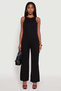 Womens Button Back Keyhole Ribbed Knit Jumpsuit, Black, Size XL