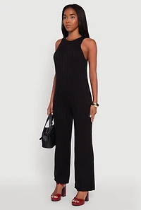 Womens Button Back Keyhole Ribbed Knit Jumpsuit, Black, Size XL