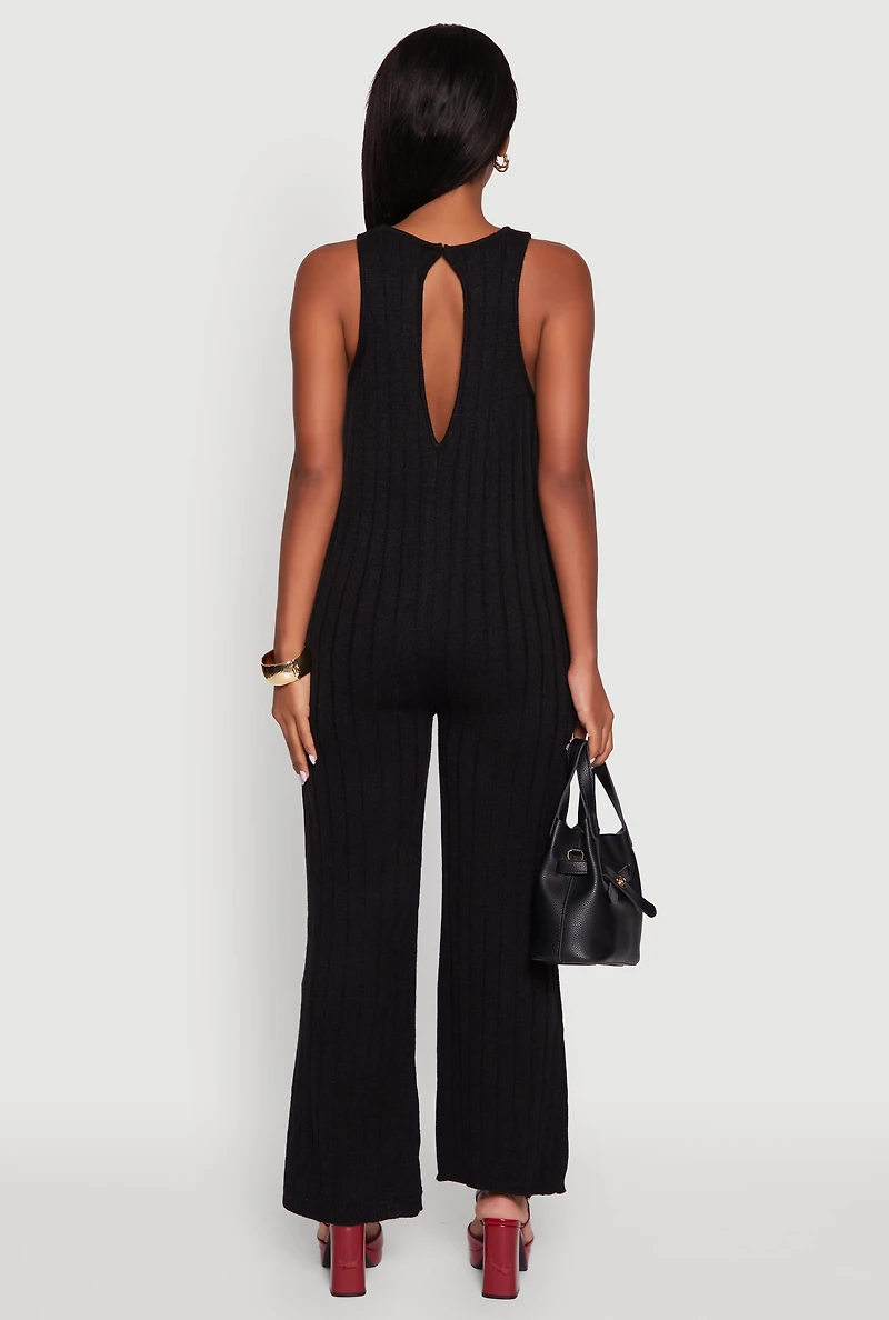Womens Button Back Keyhole Ribbed Knit Jumpsuit, Black, Size XL