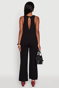 Womens Button Back Keyhole Ribbed Knit Jumpsuit, Black, Size XL