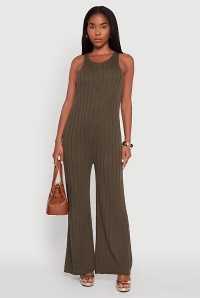 Womens Button Back Keyhole Ribbed Knit Jumpsuit, Green, Size M
