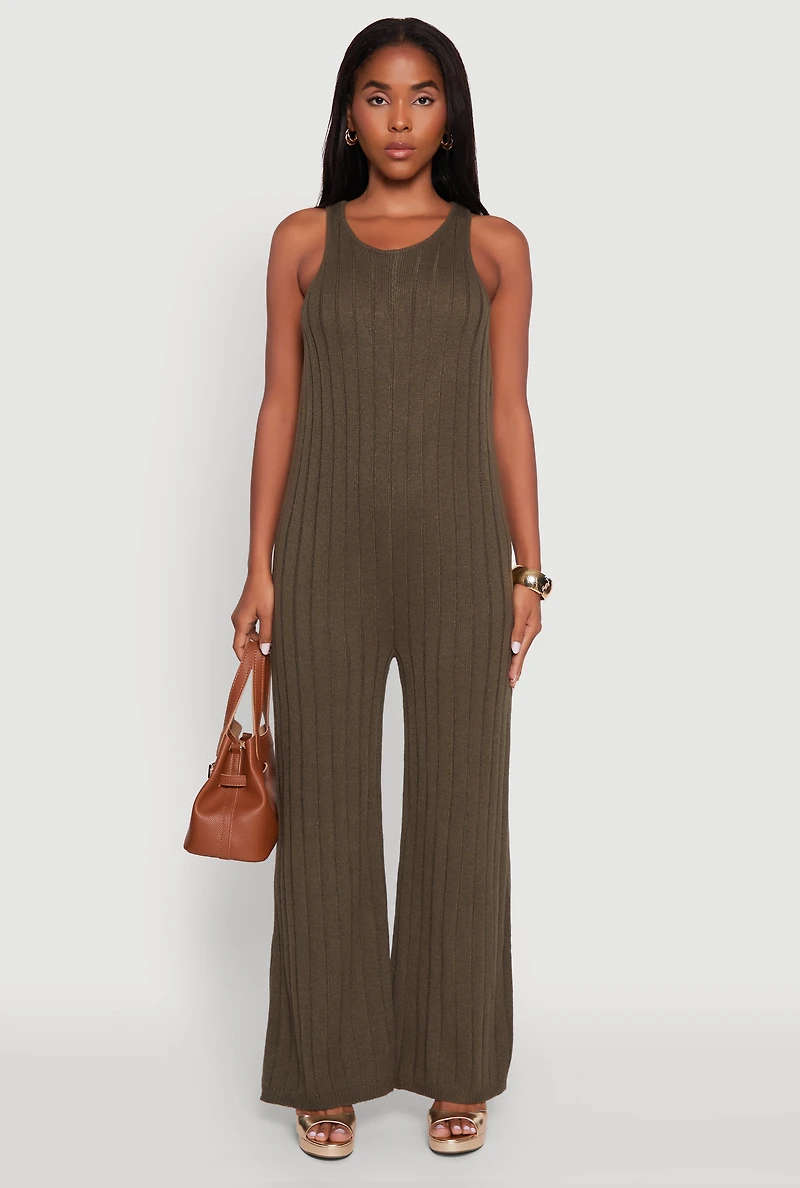 Womens Button Back Keyhole Ribbed Knit Jumpsuit, Green, Size M