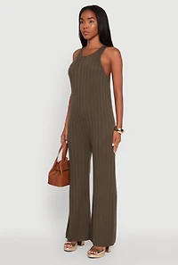 Womens Button Back Keyhole Ribbed Knit Jumpsuit, Green, Size M