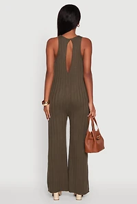 Womens Button Back Keyhole Ribbed Knit Jumpsuit, Green, Size M