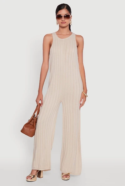 Womens Button Back Keyhole Ribbed Knit Jumpsuit,