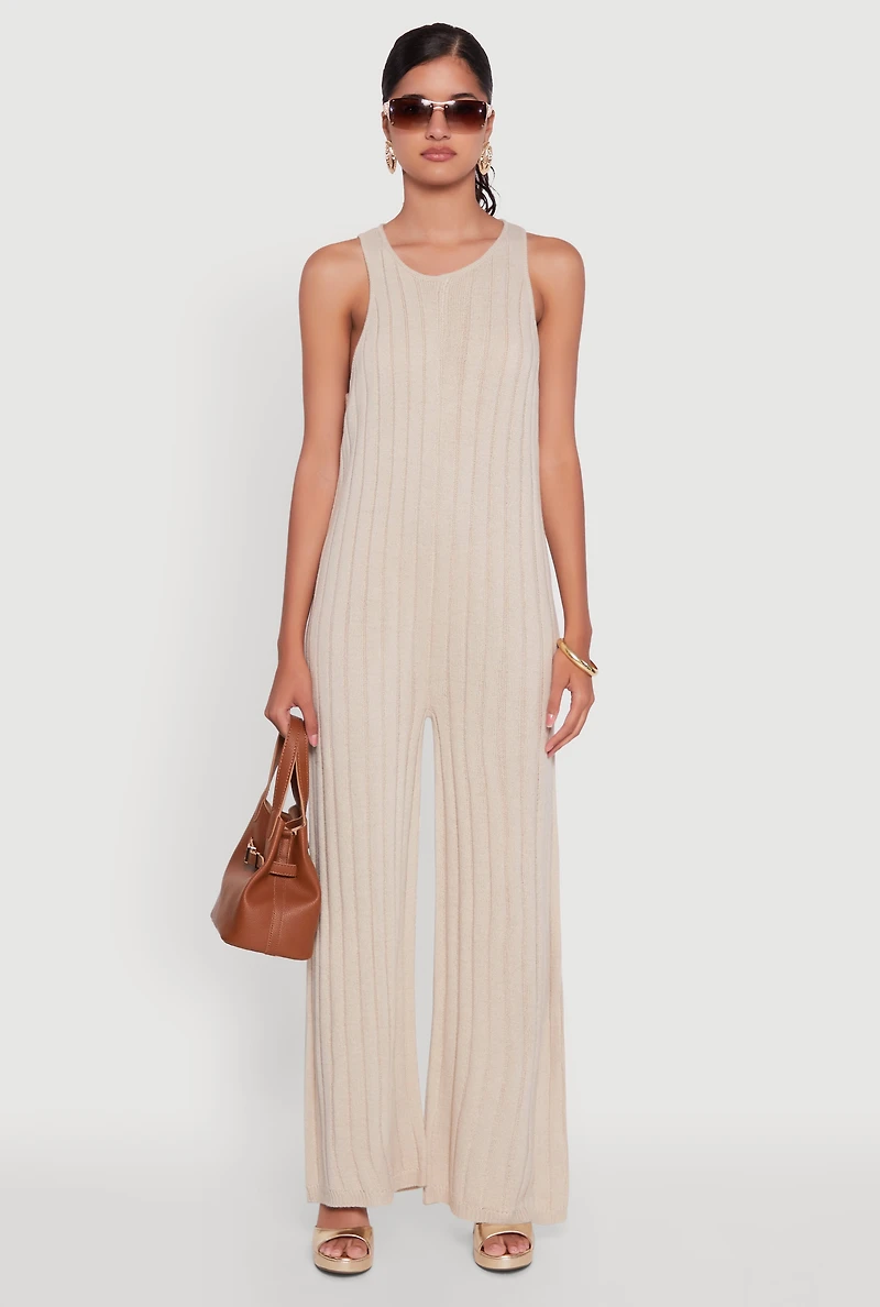 Womens Button Back Keyhole Ribbed Knit Jumpsuit,