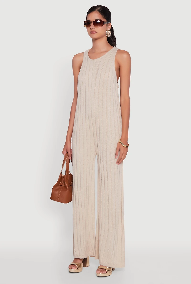 Womens Button Back Keyhole Ribbed Knit Jumpsuit,