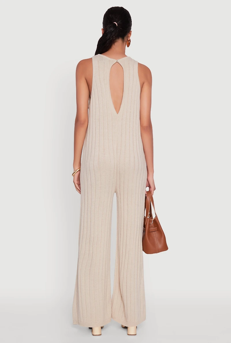Womens Button Back Keyhole Ribbed Knit Jumpsuit,