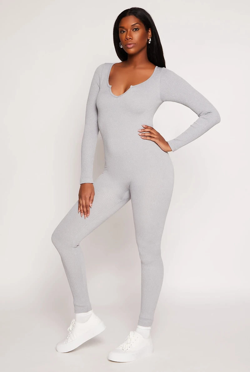Ribbed Knit Notch Neck Long Sleeve Catsuit
