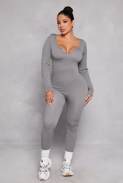 Womens Ribbed Knit Notch Neck Long Sleeve Catsuit, Grey, Size M