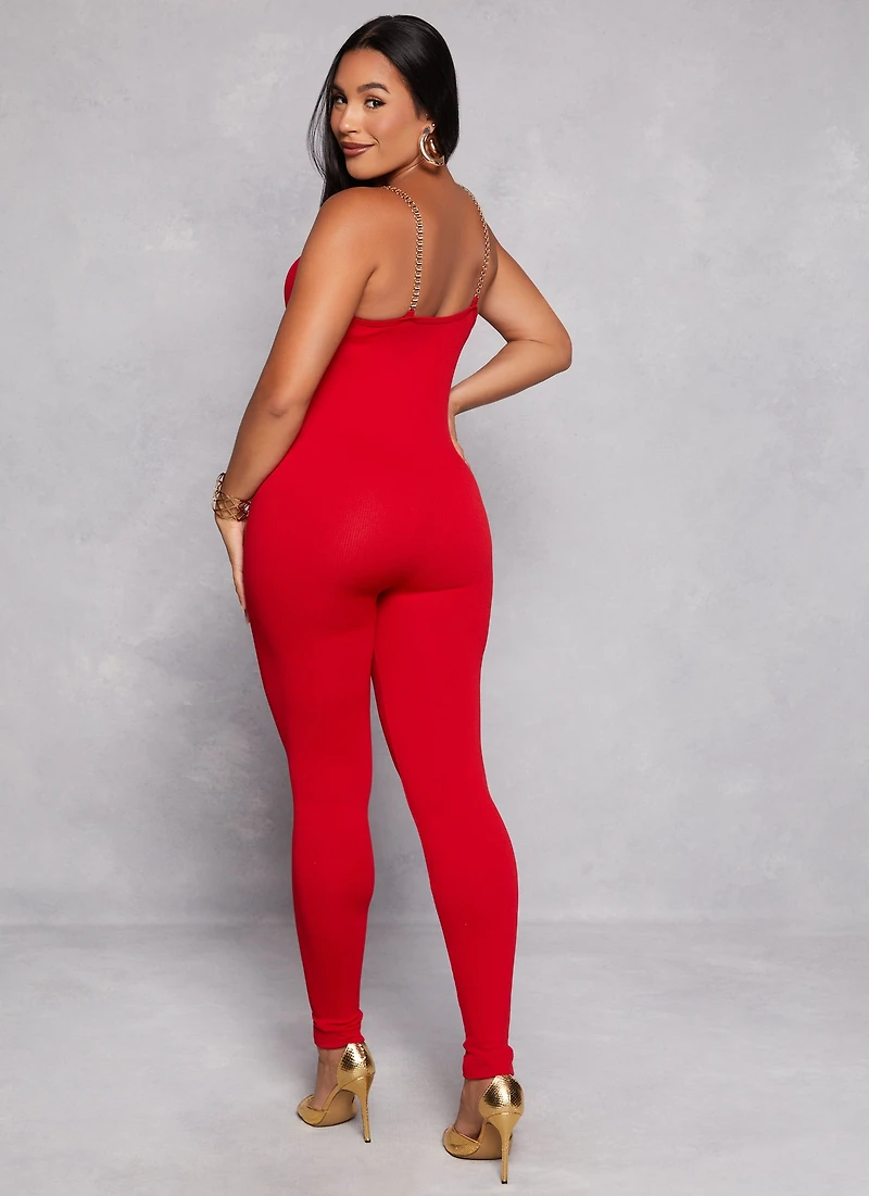 Seamless Ribbed Chain Strap Cami Jumpsuit