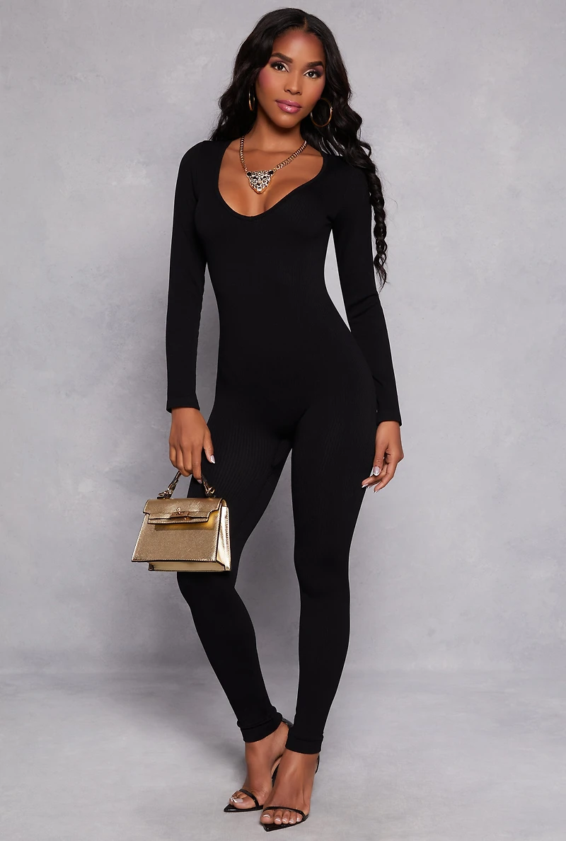 Ribbed Knit Lace Up V Back Catsuit