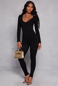 Ribbed Knit Lace Up V Back Catsuit