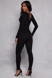 Ribbed Knit Lace Up V Back Catsuit