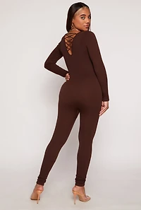 Womens Ribbed Knit Lace Up V Back Catsuit, Brown, Size M