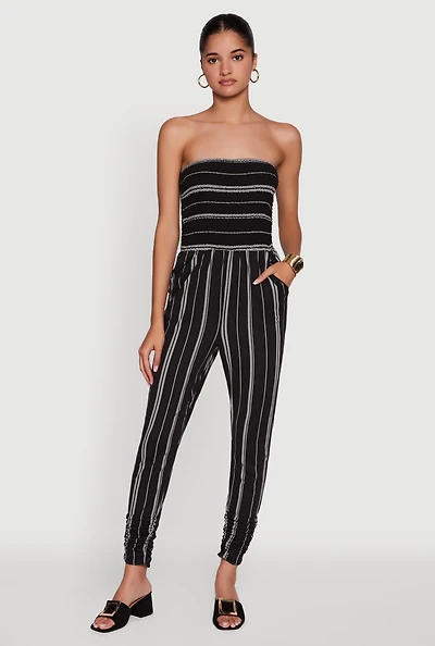 Womens Smocked Strapless Stripe Jumpsuit with Pockets, Black, Size M