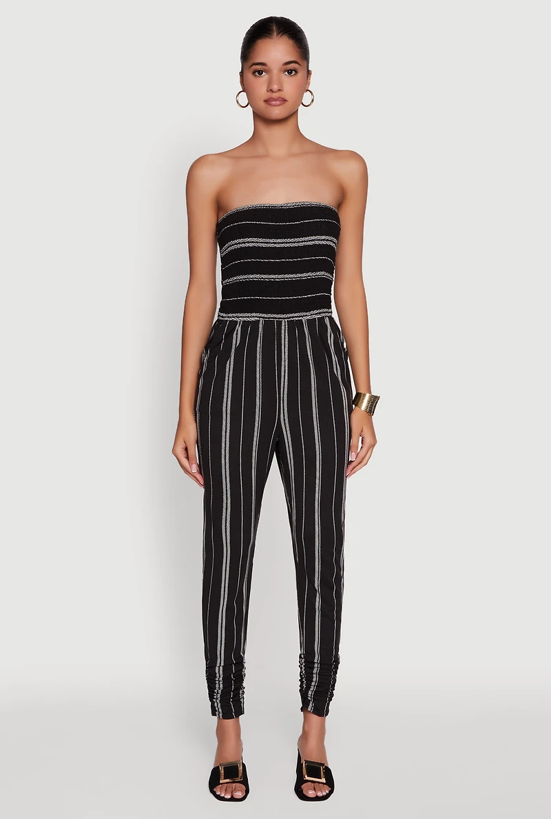Womens Smocked Strapless Stripe Jumpsuit with Pockets, Black, Size S