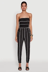 Womens Smocked Strapless Stripe Jumpsuit with Pockets, Black, Size S